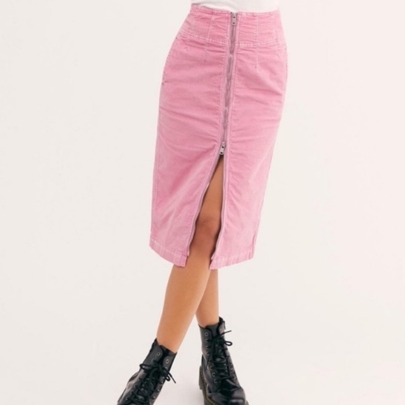 Free People I want it All Micro Corduroy Pink Midi Pencil Skirt W Zipper Front - Picture 1 of 6